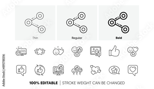Share network, Like thumbs up and Rating. Social media line icons. Feedback smile linear icon set. Line icons set. Vector