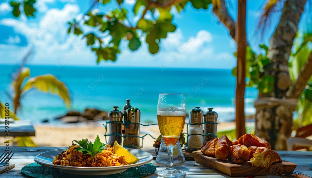 A plate of food and drink on a table near the ocean.