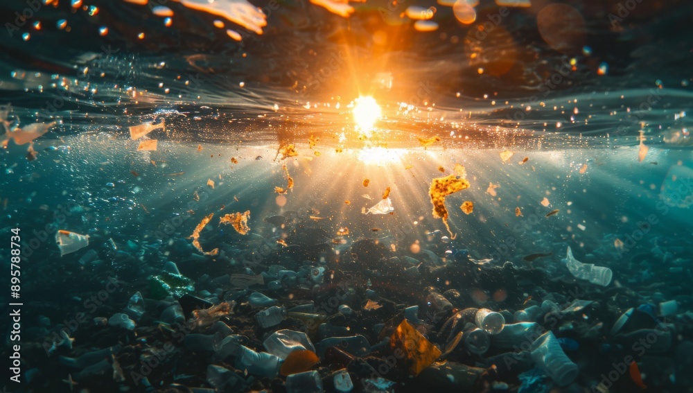 ocean floor with plastic trash floating around ocean floor with plastic trash floating around