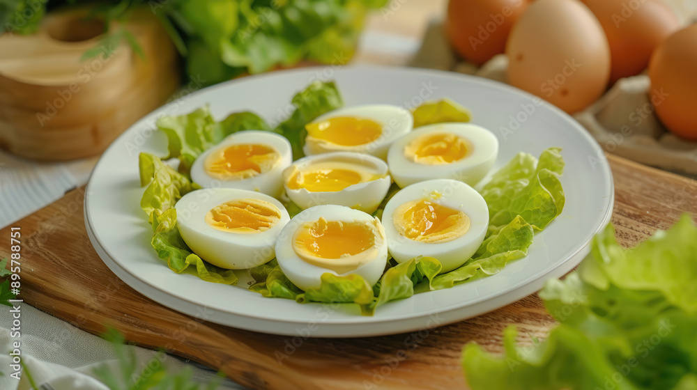 The eggs on the white plate were sliced and arranged in an oval shape, with several pieces of yellow egg yolk visible inside The eggs on the white plate were sliced and arranged in an oval shape, with several pieces of yellow egg yolk visible inside