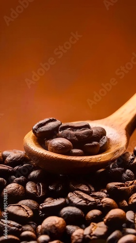 Coffee beans in a wooden spoon. photo