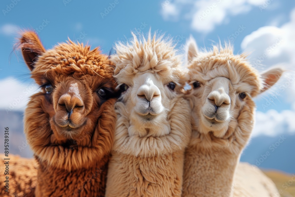 Obraz premium Three alpacas standing together in a field on a sunny day with a bright blue sky and fluffy clouds.