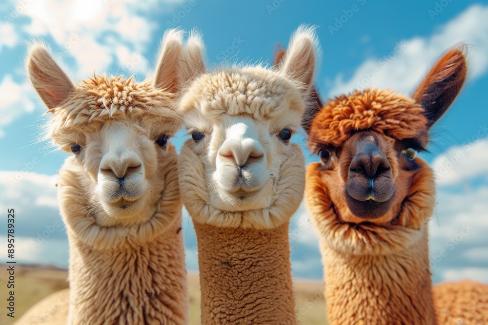 Obraz premium Three alpacas standing together in a field on a sunny day with a bright blue sky and fluffy clouds.