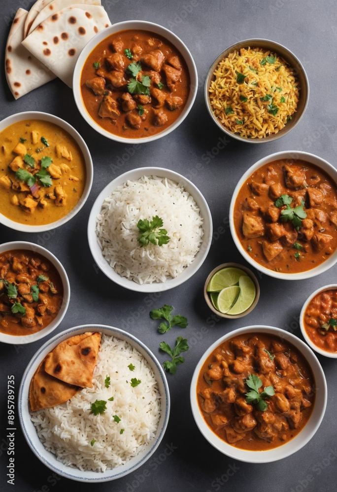  Vibrant display of colorful Indian curries with rice and naan bread. 