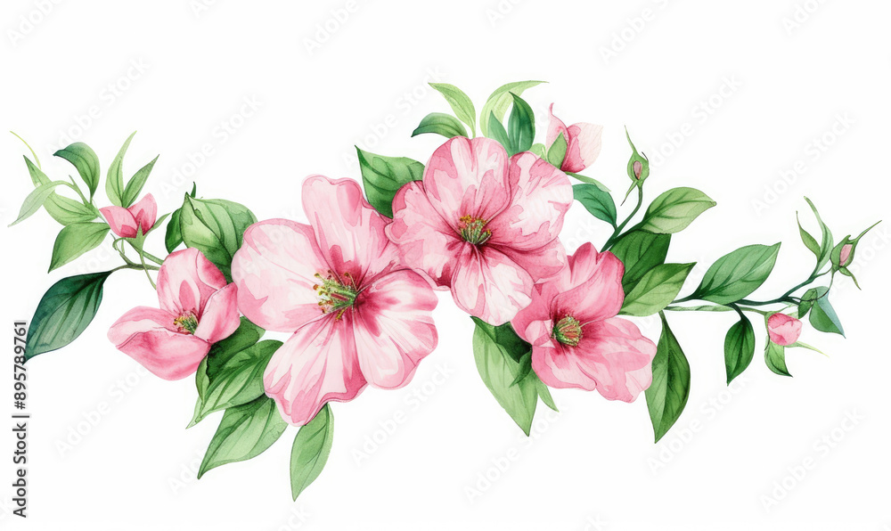 Bouquet made of pink watercolor flowers and green leaves, wedding and greeting Bouquet made of pink watercolor flowers and green leaves, wedding and greeting