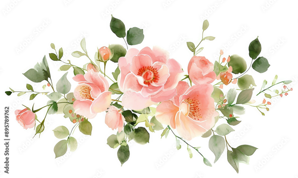 Obraz premium Bouquet made of pink watercolor flowers and green leaves, wedding and greeting