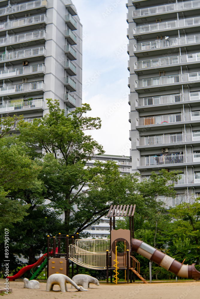 Apartment buildings in residential area in Sanda city, Hyogo prefecture, Japan