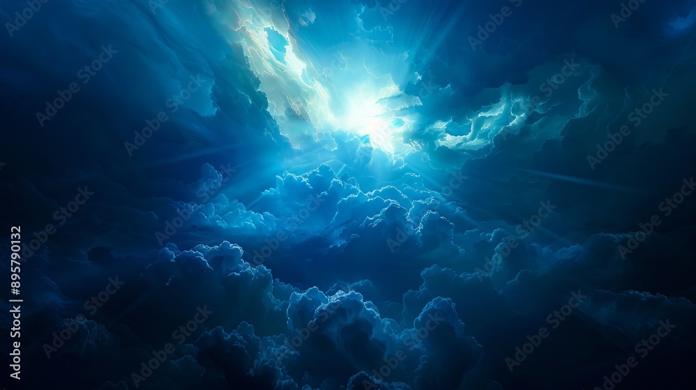 A dark blue sky with clouds and a bright light.