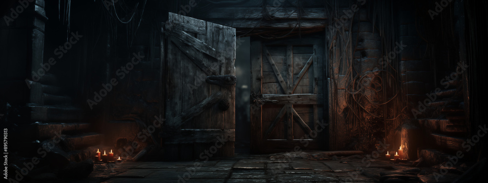 Abandoned Entrance with Open Door and Flickering Candles
