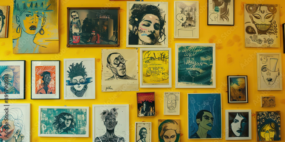 Obraz premium The Tangible Tide: An array of hand-drawn posters, hung on a vibrant yellow wall