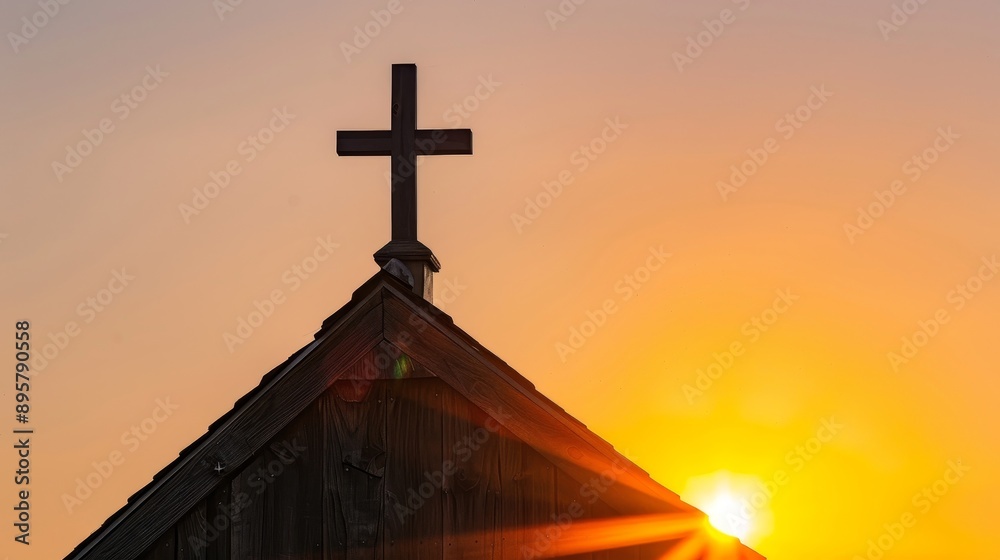 Wooden Cross on an Old Church Steeple Backlit by the Rising Sun, Symbolizing Faith and Renewal with Ample Copy Space for Inspirational Messages Wooden Cross on an Old Church Steeple Backlit by the Rising Sun, Symbolizing Faith and Renewal with Ample Copy Space for Inspirational Messages