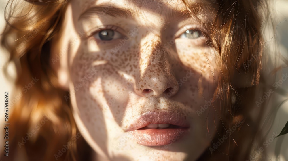 ethereal portrait of a young woman with constellationlike freckles bathed in soft sunlight dappled shadows dance across her face emphasizing natural beauty and innocence ethereal portrait of a young woman with constellationlike freckles bathed in soft sunlight dappled shadows dance across her face emphasizing natural beauty and innocence