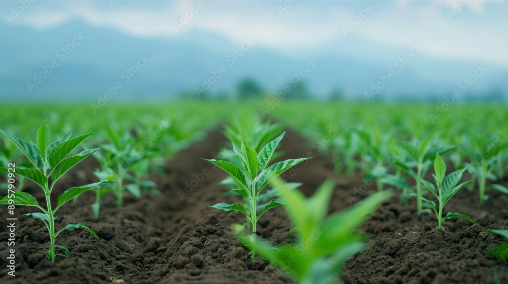 Rows Lush Green Seedlings Growing in Fertile Soil on a Farm, Agricultural Field with Mountains Background, Sunny Day with Blue Sky, Young Plants in Rows, Focus on Sustainable Farming and Growth Rows Lush Green Seedlings Growing in Fertile Soil on a Farm, Agricultural Field with Mountains Background, Sunny Day with Blue Sky, Young Plants in Rows, Focus on Sustainable Farming and Growth