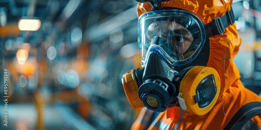 A worker wearing protective gear, including a gas mask and hazmat suit, stands in an industrial environment. A worker wearing protective gear, including a gas mask and hazmat suit, stands in an industrial environment.