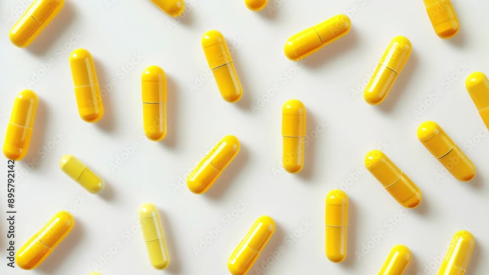 Bright yellow capsules scattered on a white background. Concept of pharmaceuticals, healthcare, and medication Bright yellow capsules scattered on a white background. Concept of pharmaceuticals, healthcare, and medication
