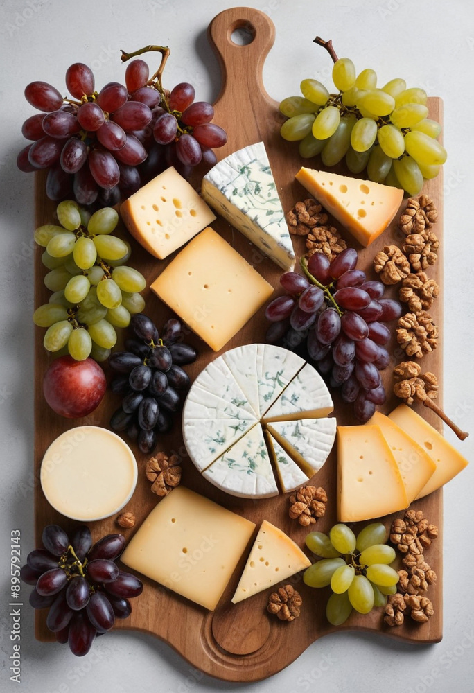  High-angle shot of a cheese board overflowing with various cheeses and grapes. 