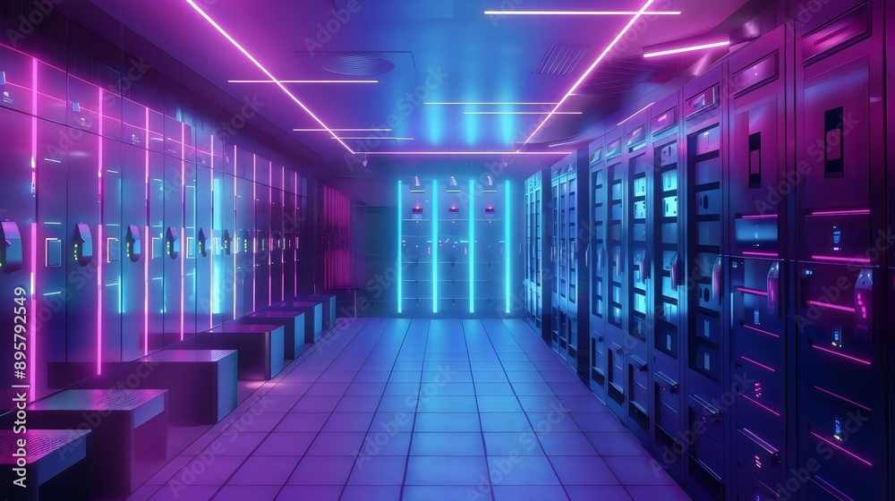 An empty locker, storage room illuminated with glowing neon lights. Gym, school sports team dressing closet or data center with metal boxes. High-tech modern futuristic environment design, nobody An empty locker, storage room illuminated with glowing neon lights. Gym, school sports team dressing closet or data center with metal boxes. High-tech modern futuristic environment design, nobody