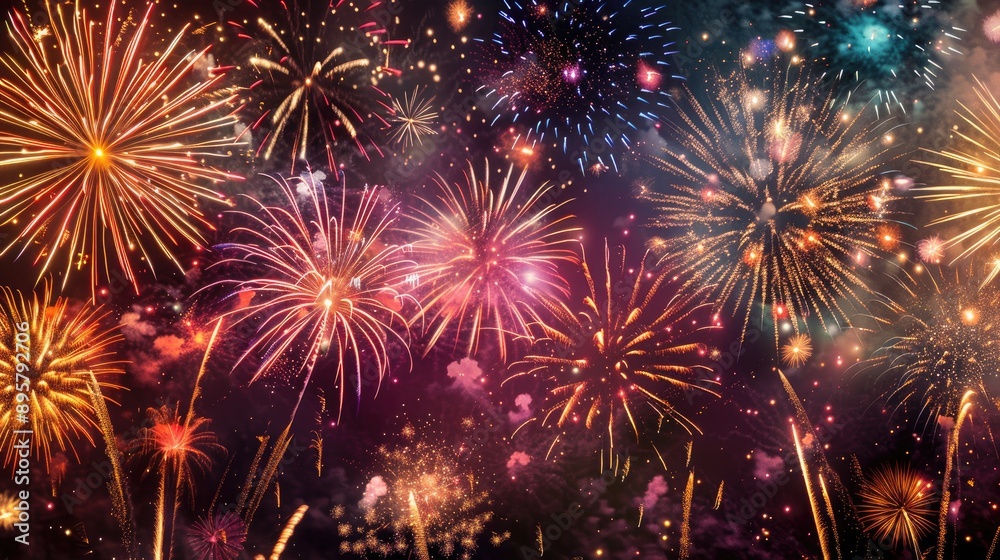 Explosions of vibrant fireworks light up the velvety night sky creating a mesmerizing display of color and light The cascading sparks paint a dazzling spectacle in every direction