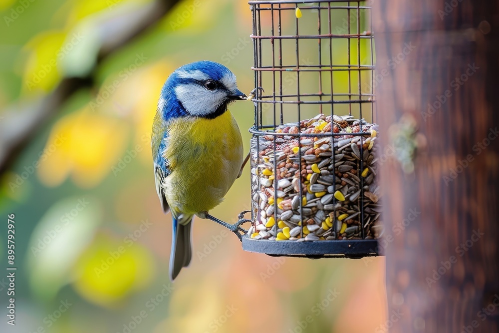 Fototapeta premium A colorful Eurasian blue tit feeding on sunflower seeds from a bird feeder in a garden