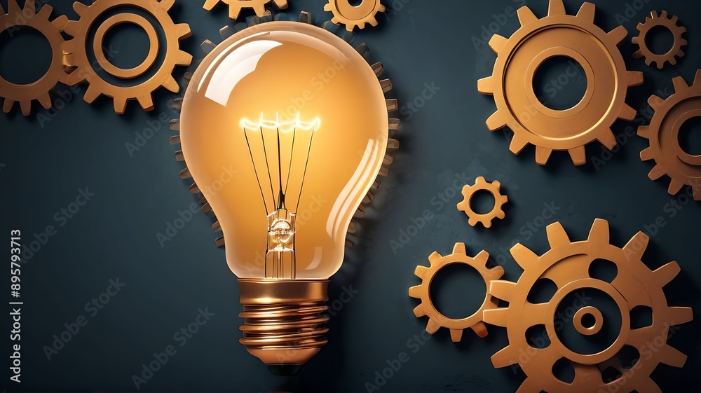 Glowing light bulb and cogwheel gears illustration background. Engineering mechanism settings, copy space, intelligence and creativity power, empty space, space for space