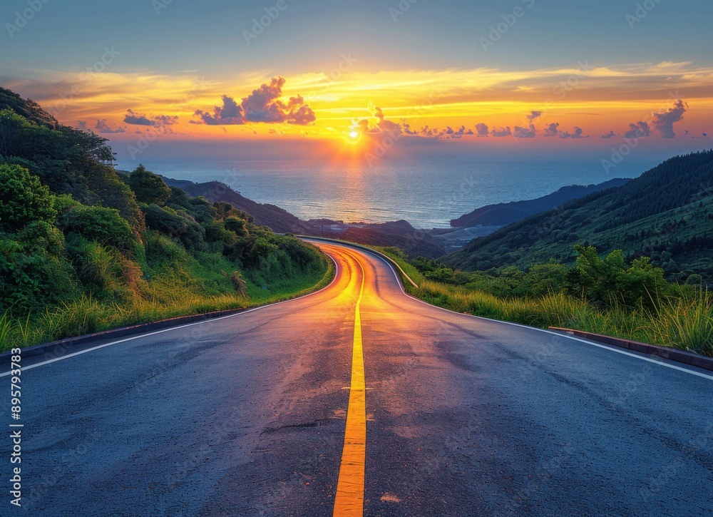 Fototapeta premium Sunset Road on a Mountain with Ocean View