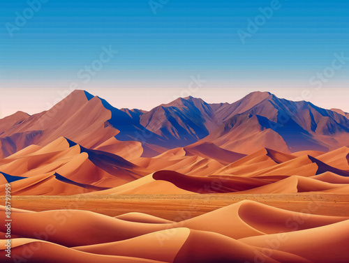 A desert landscape with mountains in the background. The sky is blue and the sun is shining