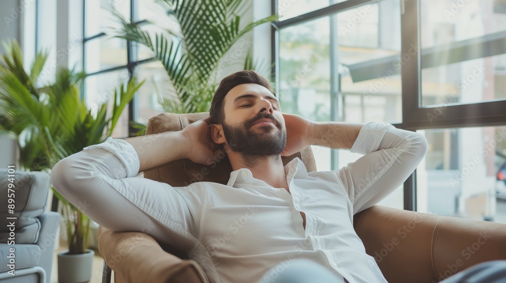 © Daniel - Relaxed man take break from work put hands behind head lean on comfy chair closing eyes feels serenity, enjoy fresh conditioned air in modern office, no stress, fatigue relieve at workplace