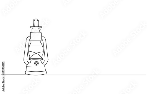 Kerosene lantern one line continuous. Line art paraffin lamp. Hand drawn vector art, Continuous one line drawing backpack.
Outline drawing of a kerosene lamp with handle and wick, lantern.