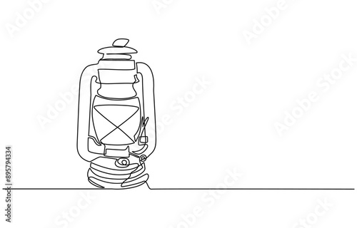 Kerosene lantern one line continuous. Line art paraffin lamp. Hand drawn vector art, Continuous one line drawing backpack.
Outline drawing of a kerosene lamp with handle and wick, lantern.