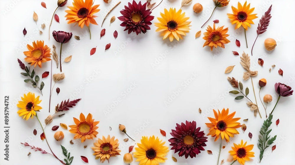 Fototapeta premium Fresh flowers arranged in a frame on a white background, representing autumn or fall season. Displayed in a flat lay style with a top view and space for adding text.