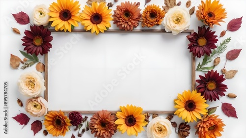 Fresh flowers arranged in a frame on a white background, representing autumn or fall season. Displayed in a flat lay style with a top view and space for adding text.