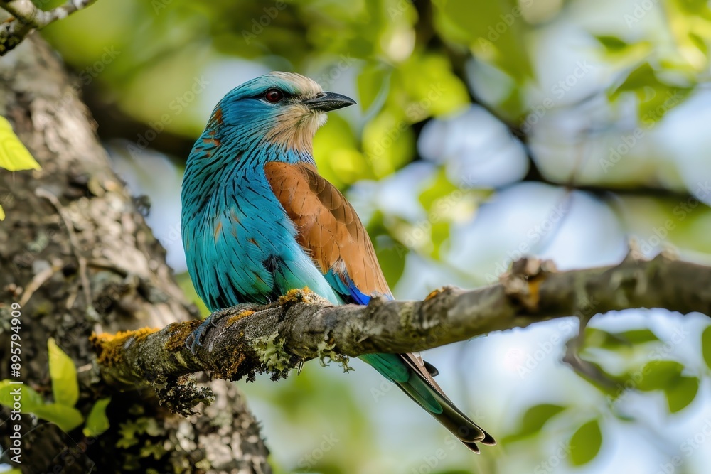 A colorful male European roller perched on a tree branch, showing off its vibrant blue and green plumage.