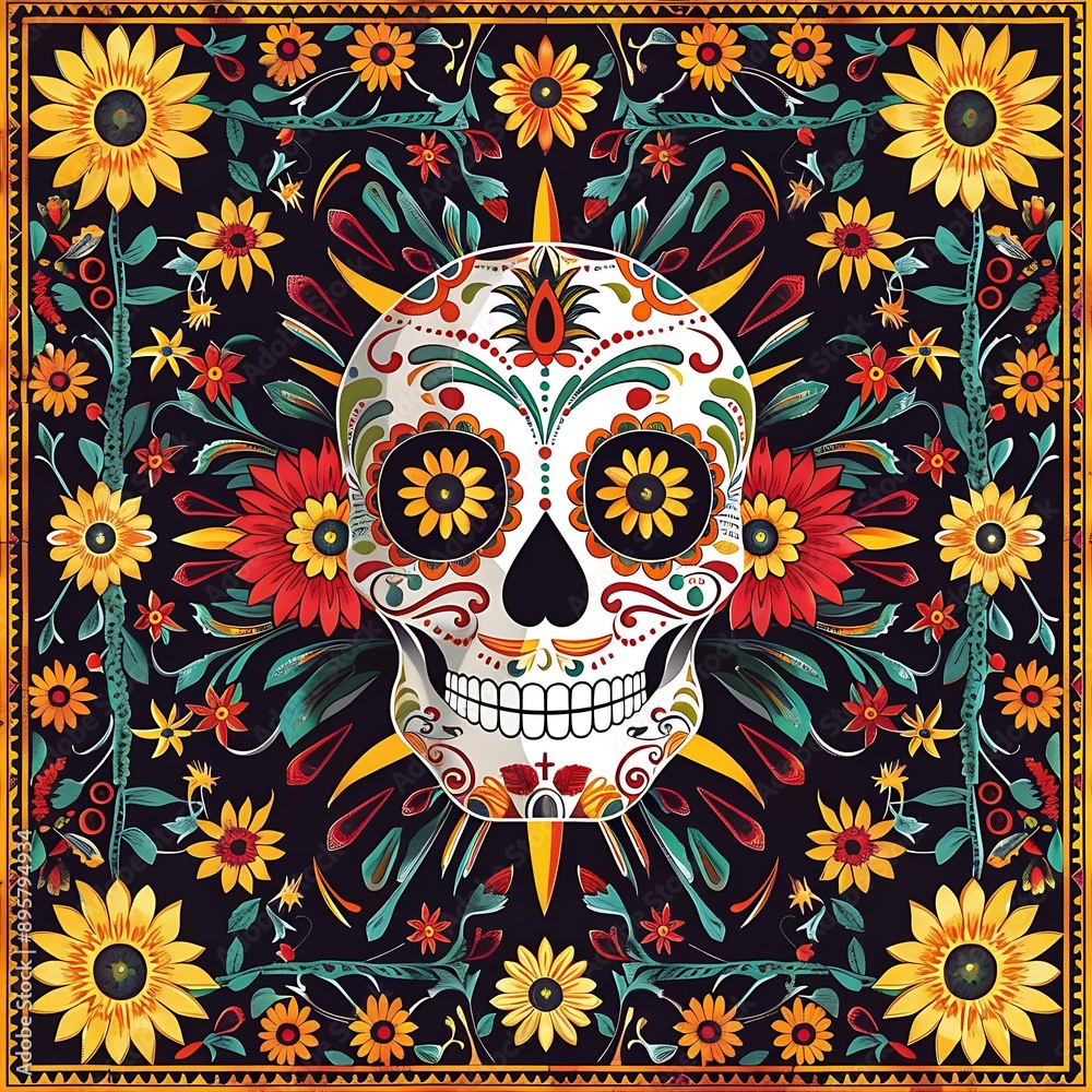 12. A colorful Day of the Dead poster with a central sugar skull design, adorned with intricate patterns and surrounded by traditional decorations and marigolds 12. A colorful Day of the Dead poster with a central sugar skull design, adorned with intricate patterns and surrounded by traditional decorations and marigolds
