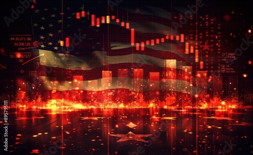 American Flag with Financial Data and Flame Effects