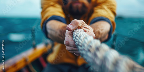 Close-up of a man's hand pulling a rope on a boat, with a blurred background of the sea.