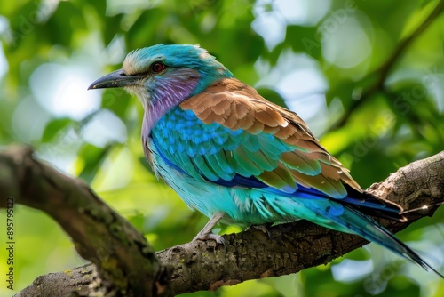 A colorful male European roller perched on a tree branch, showing off its vibrant blue and green plumage. © Nico