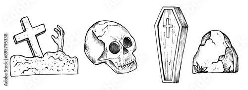 Human skull with black eyes. Vector zombie arms sticking out of the ground, gravestone in a cemetery. Hand painted linear wooden coffin with a cross illustration. Graphic monochrome symbol of d