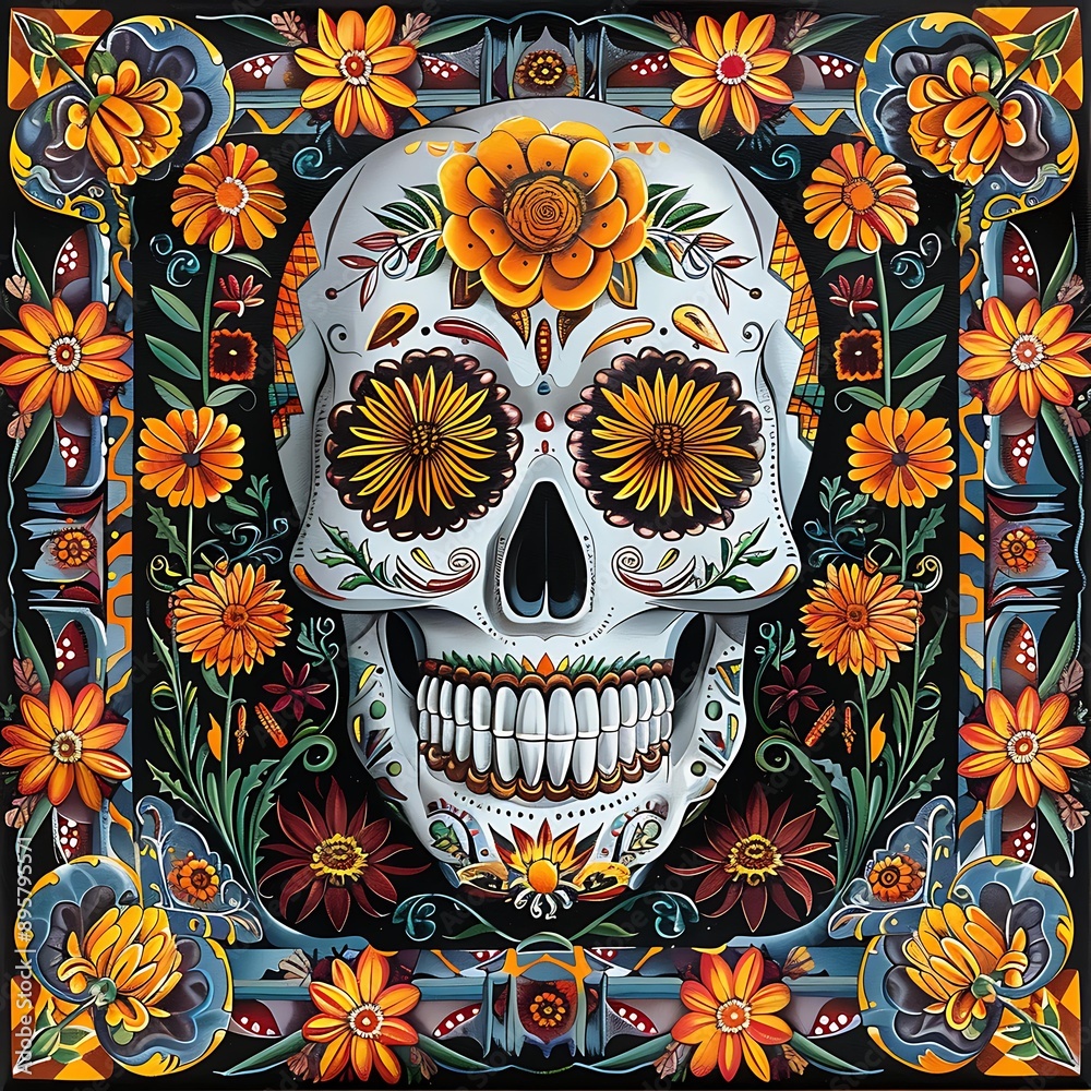 7. A captivating poster with a detailed sugar skull in the center, surrounded by vibrant marigold flowers and traditional Mexican patterns 7. A captivating poster with a detailed sugar skull in the center, surrounded by vibrant marigold flowers and traditional Mexican patterns