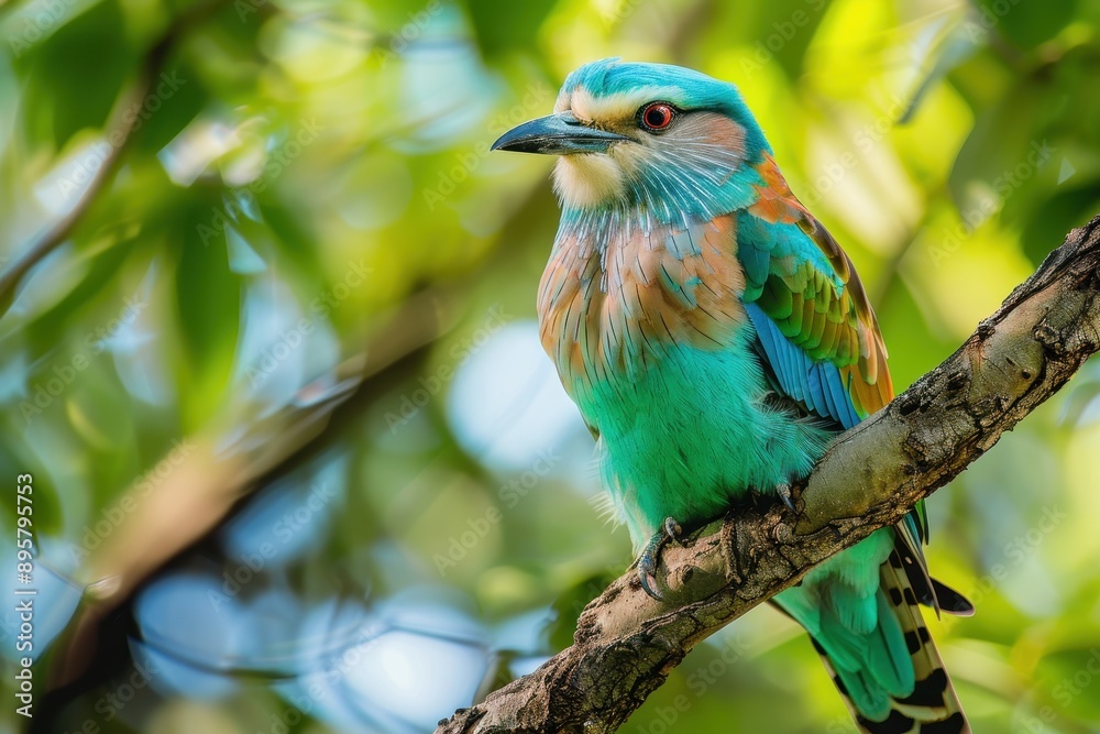 A colorful male European roller perched on a tree branch, showing off its vibrant blue and green plumage. A colorful male European roller perched on a tree branch, showing off its vibrant blue and green plumage.