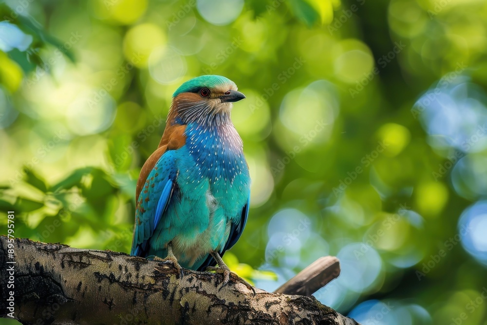 Obraz premium A colorful male European roller perched on a tree branch, showing off its vibrant blue and green plumage.