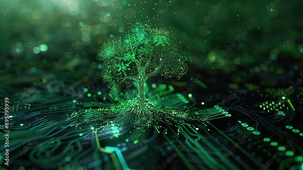 holographic tree projection emerging from a quantum computer chip swirling data streams as roots fractal branches forming from code ethereal green glow dark tech background holographic tree projection emerging from a quantum computer chip swirling data streams as roots fractal branches forming from code ethereal green glow dark tech background