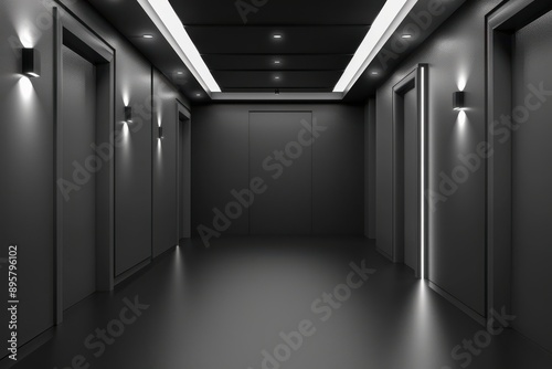 A sleek, modern hallway with a minimalist design. The space is dominated by a black color scheme, with soft lighting from ceiling fixtures and wall-mounted lights casting gentle glows. 