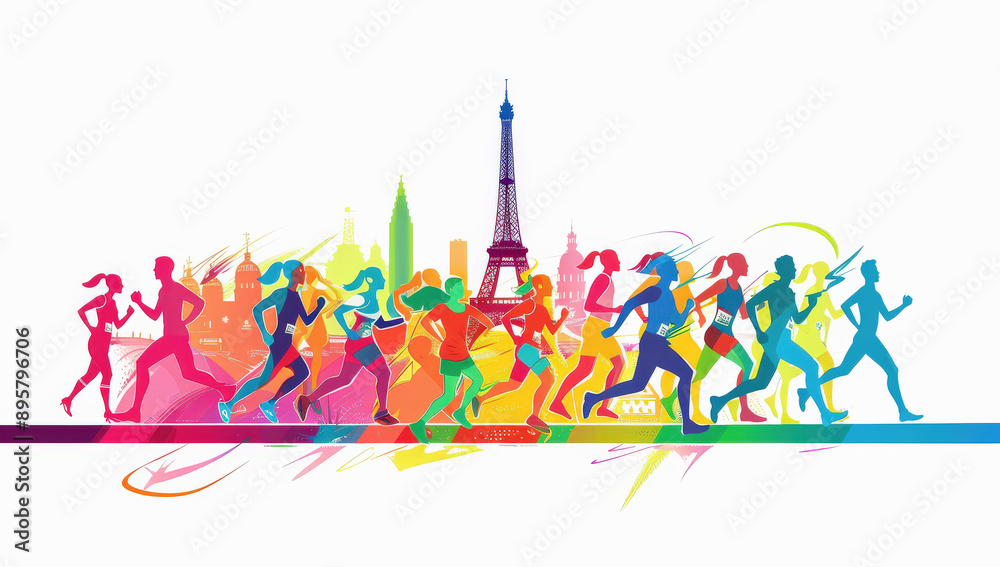Ilustración retro de colores de unas atletas corriendo en la ciudad de París, sobre fondo blanco con la Torre Eiffel y la ciudad de Paris. Concepto de los Juegos Olímpicos de París 2024