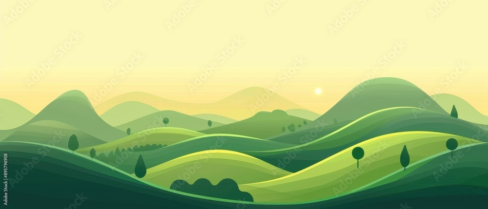 Obraz premium Geometric landscape, natural green shades, flat design illustration