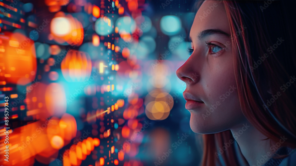 Young woman intently studying illuminated digital data on a large screen in a dark, futuristic setting. Young woman intently studying illuminated digital data on a large screen in a dark, futuristic setting.
