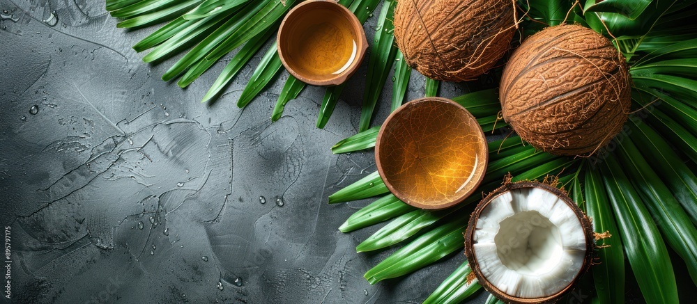 Coconut Oil and Palm Leaves on a Dark Background