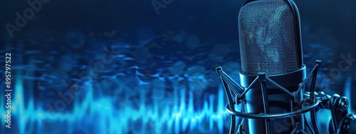 Microphone with Blue Sound Waves photo