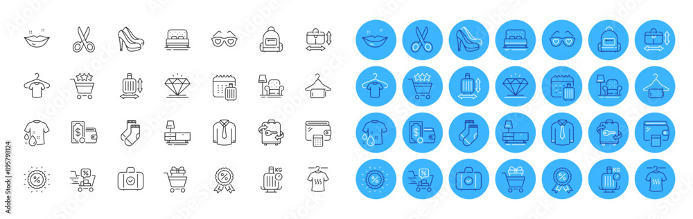 Cut, Shirt and Baggage size line icons pack. Wallet, Diamond, Baggage scales web icon. Backpack, Dry t-shirt, Dresser pictogram. Love glasses, Bed, Armchair. Discounts cart, Clean towel. Vector Cut, Shirt and Baggage size line icons pack. Wallet, Diamond, Baggage scales web icon. Backpack, Dry t-shirt, Dresser pictogram. Love glasses, Bed, Armchair. Discounts cart, Clean towel. Vector