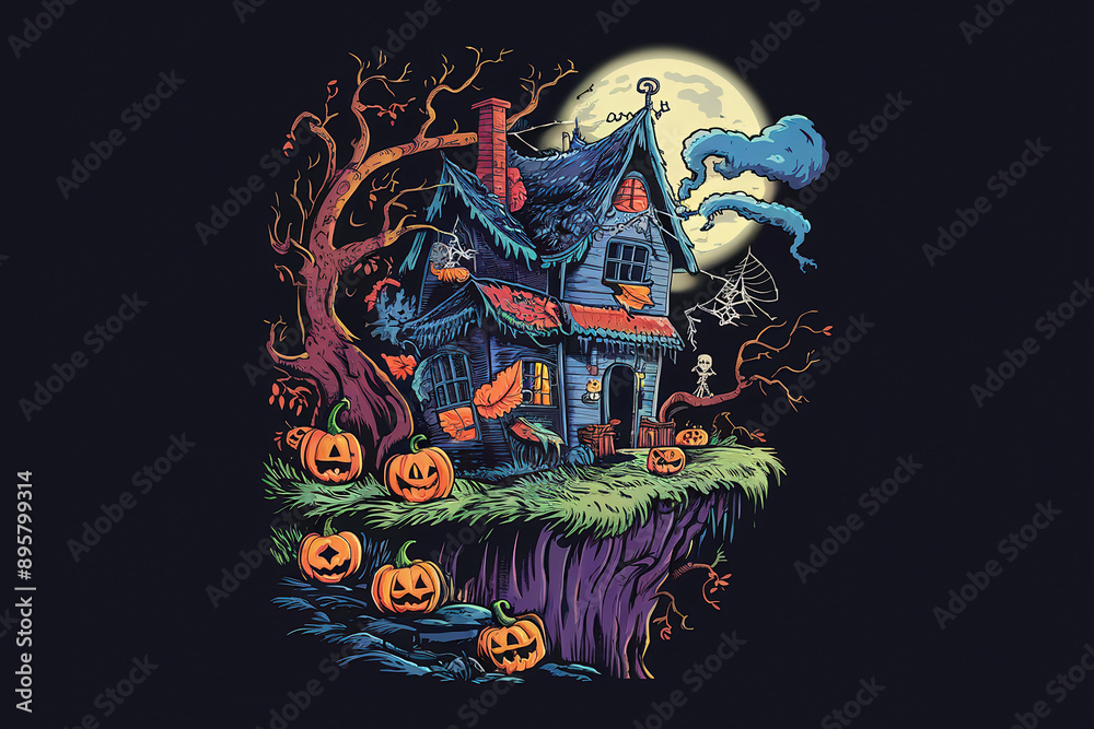 halloween house, tree, moon gust., illustration halloween house, tree, moon gust., illustration