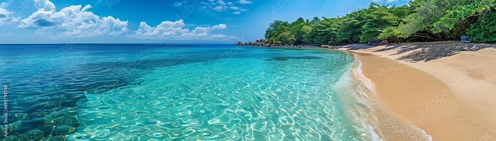 Fototapeta premium Sun-drenched beach with crystal clear water, tropical travel, paradise getaway